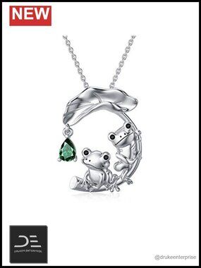 Sterling Silver Frog Pendant Necklace Enamel Lotus Leaf Jewelry Women's